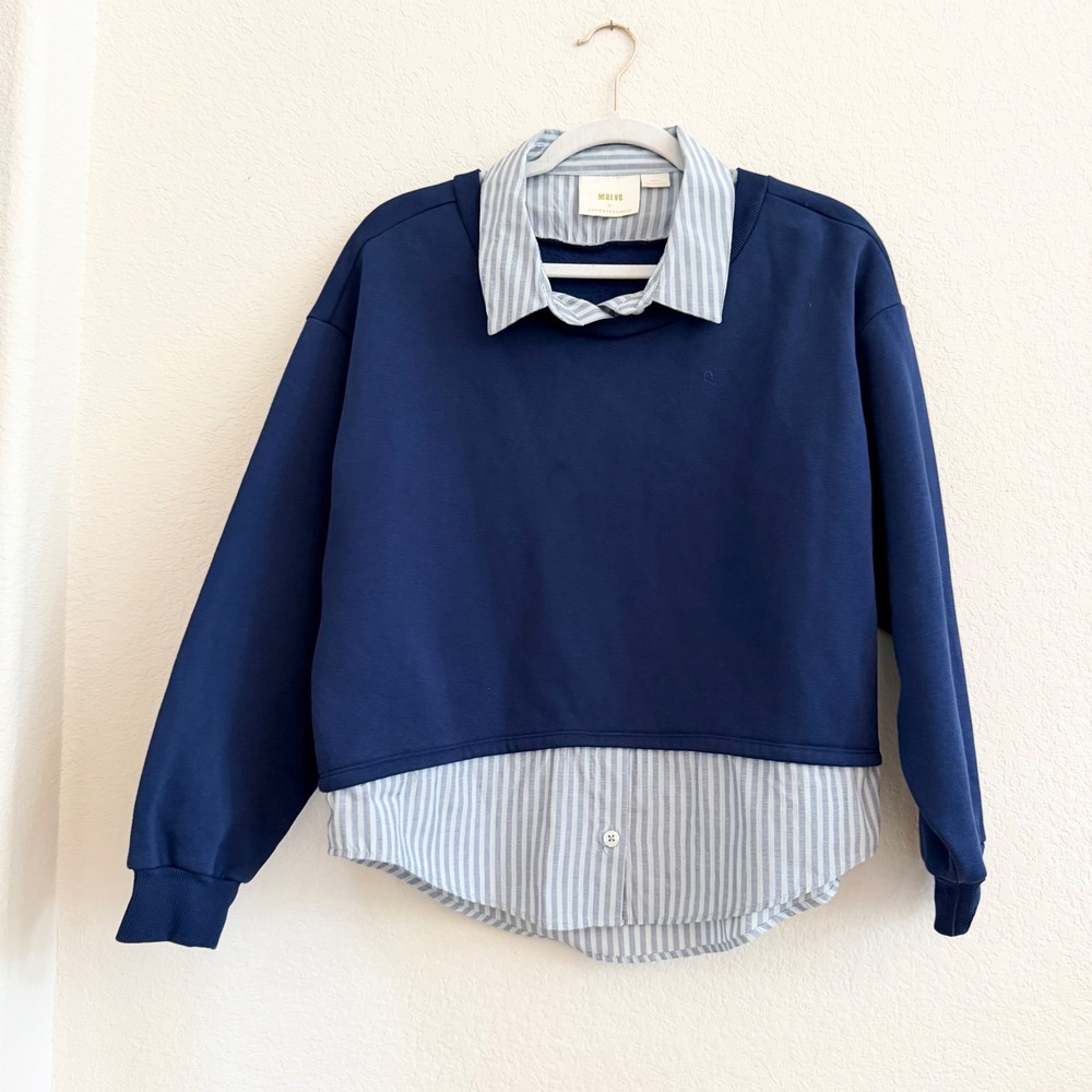 Maeve by Anthropologie Navy Blue Layered Mixed Media Striped Pullover Small